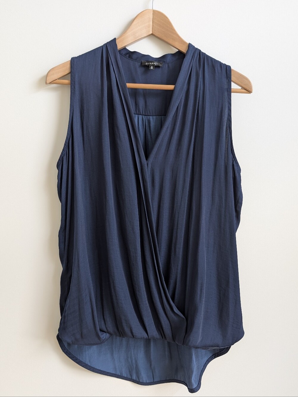 Dynamite Medium Silky Open Drape Front Dark Midnight Blue Sleeveless Blouse Top